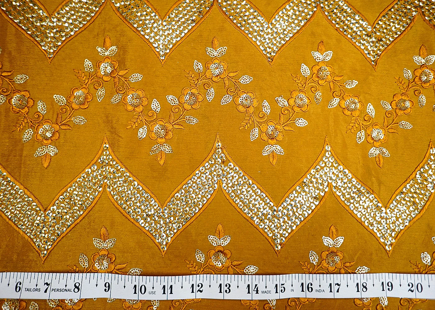 Mustard Chinon Chiffon Fabric with Allover Thread & Sequin Embroidery