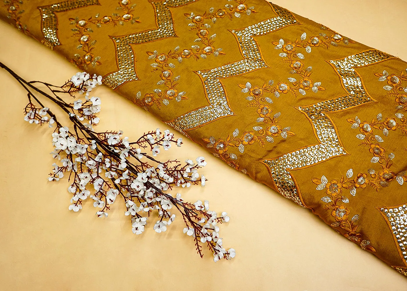 Mustard Chinon Chiffon Fabric with Allover Thread & Sequin Embroidery