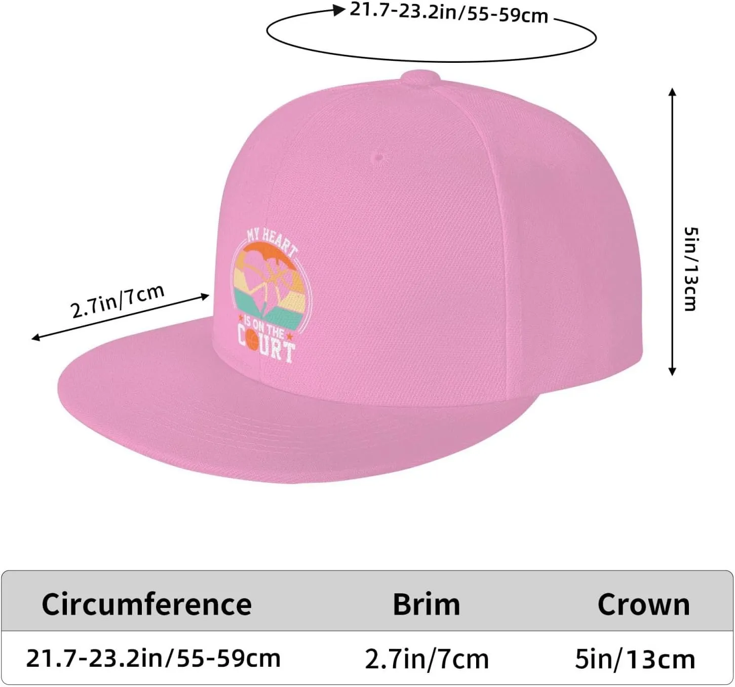 My Heart is On The Court Snapback Hat for Men Women Baseball Cap Adjustable Flat Bill Brim Hats