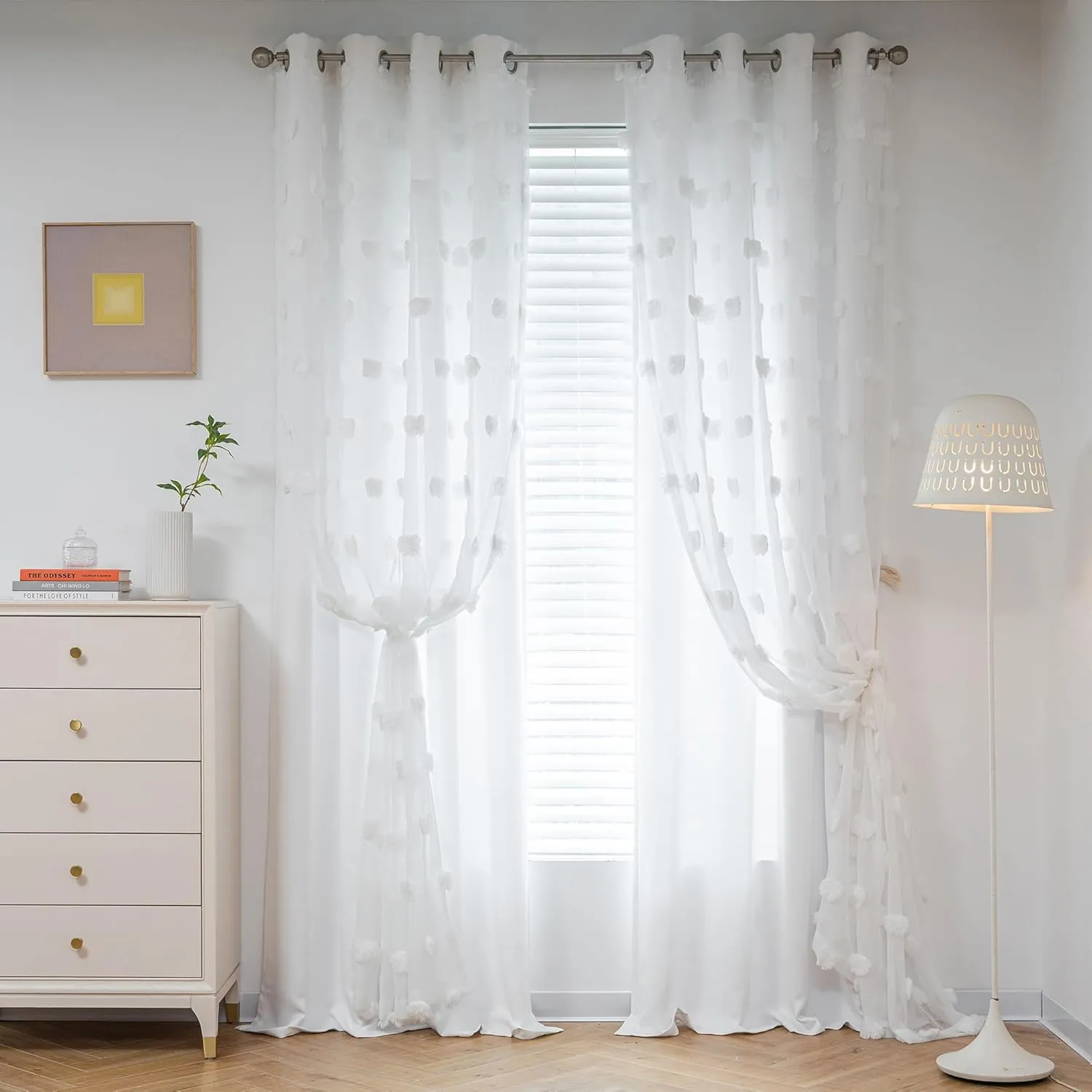 MYSKY HOME White Curtains for Bedroom 54 Inch Long Double Layer Curtains for Kids Room Kithen Pom Pom Sheer Nursery Curtains Short Grommet Room Darkening Small Window Curtains 2 Panels 52 x 54 in