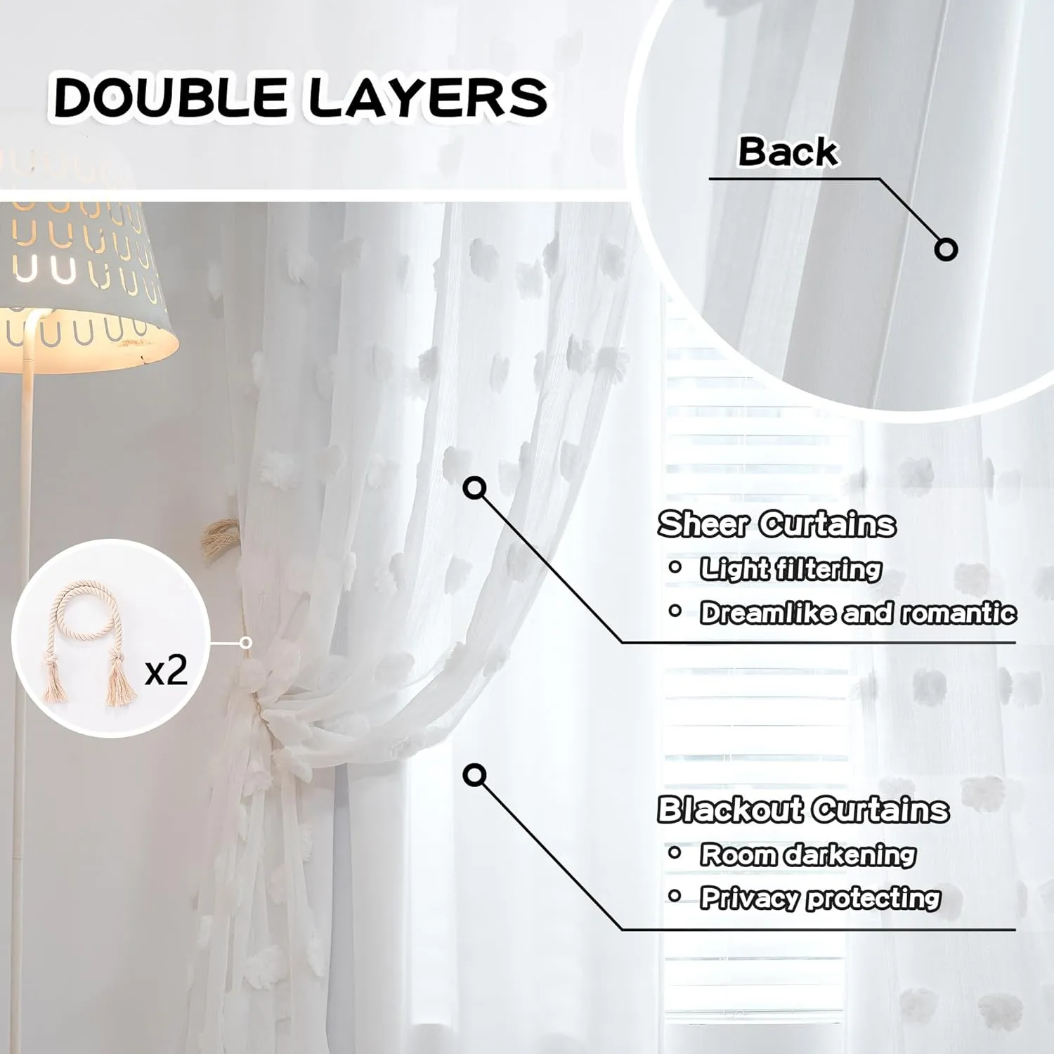 MYSKY HOME White Curtains for Bedroom 54 Inch Long Double Layer Curtains for Kids Room Kithen Pom Pom Sheer Nursery Curtains Short Grommet Room Darkening Small Window Curtains 2 Panels 52 x 54 in