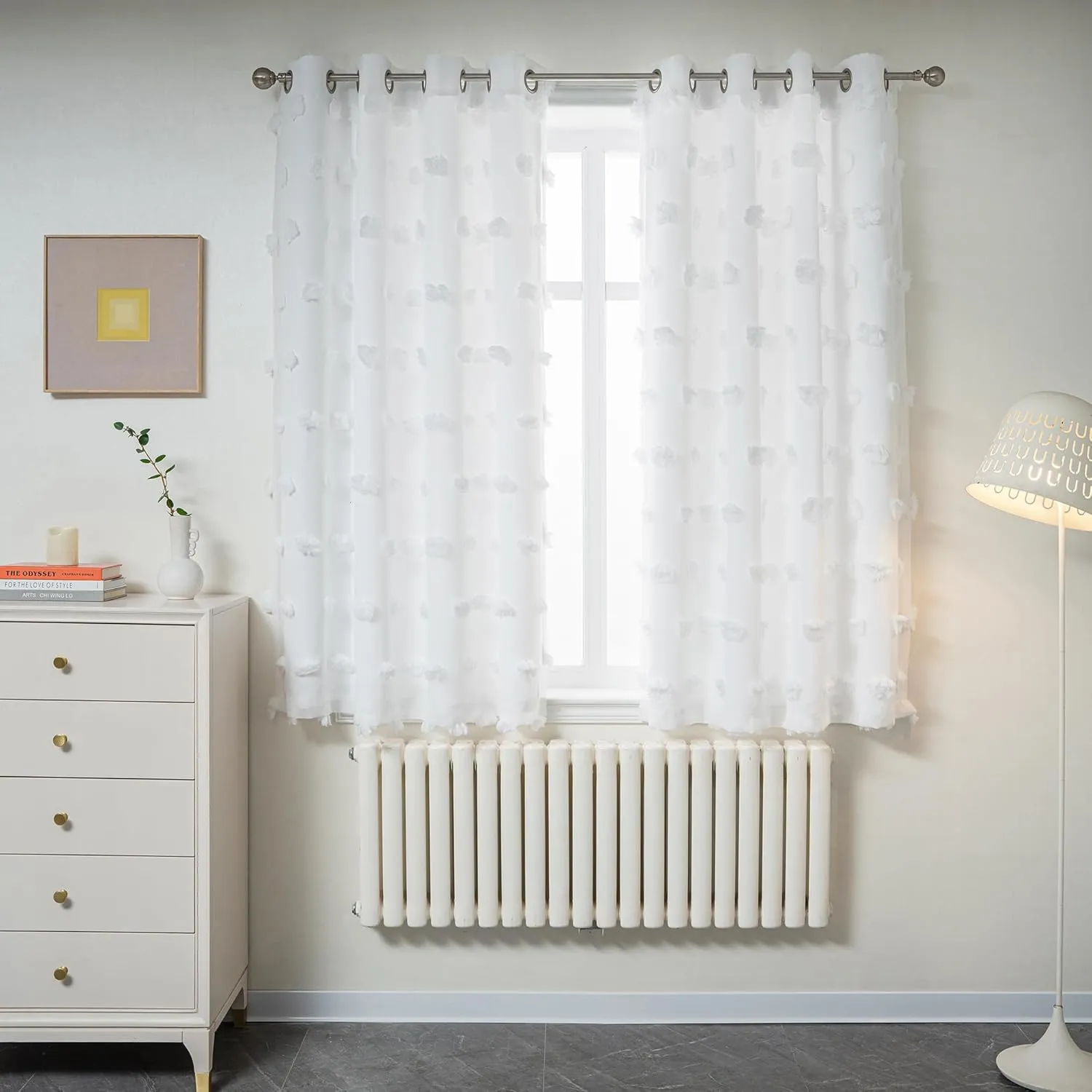 MYSKY HOME White Curtains for Bedroom 54 Inch Long Double Layer Curtains for Kids Room Kithen Pom Pom Sheer Nursery Curtains Short Grommet Room Darkening Small Window Curtains 2 Panels 52 x 54 in