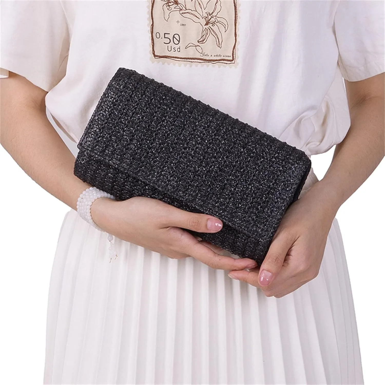 Natural Straw Flat Clutch Women 2025 Boho Purse Top Handle Crossbody Handbag Stylish Woven Envelope Wallet Evening