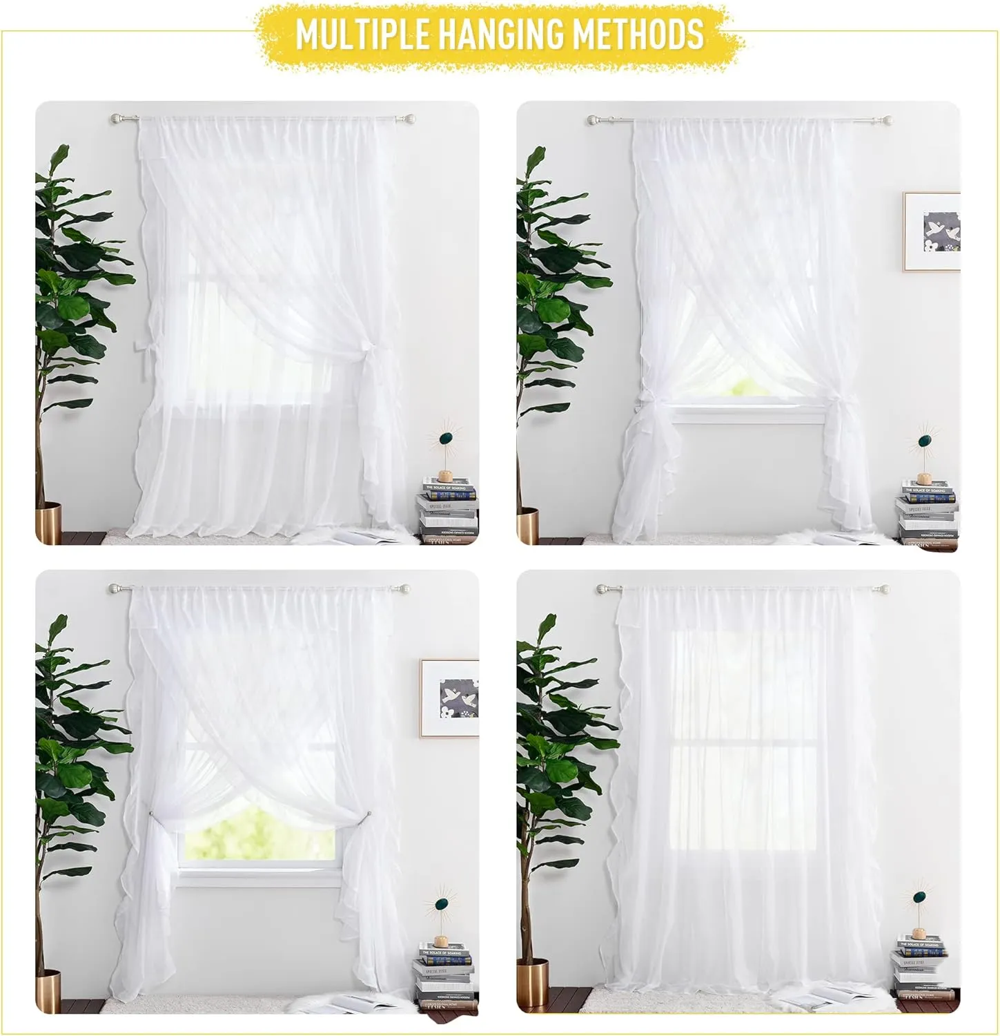 NICETOWN Voile Sheer White Ruffle Curtains, Rod Pocket 3 Layers Privacy Bedroom Shabby Chic Curtains with Valance & 2 Bouns Tie Backs for Bed Canopy/Door Way, W100 x L84, 1 Piece
