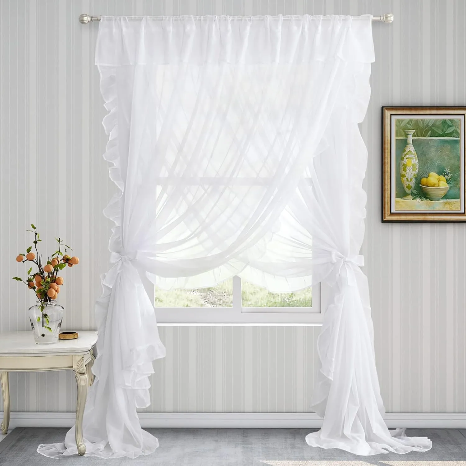 NICETOWN Voile Sheer White Ruffle Curtains, Rod Pocket 3 Layers Privacy Bedroom Shabby Chic Curtains with Valance & 2 Bouns Tie Backs for Bed Canopy/Door Way, W100 x L84, 1 Piece