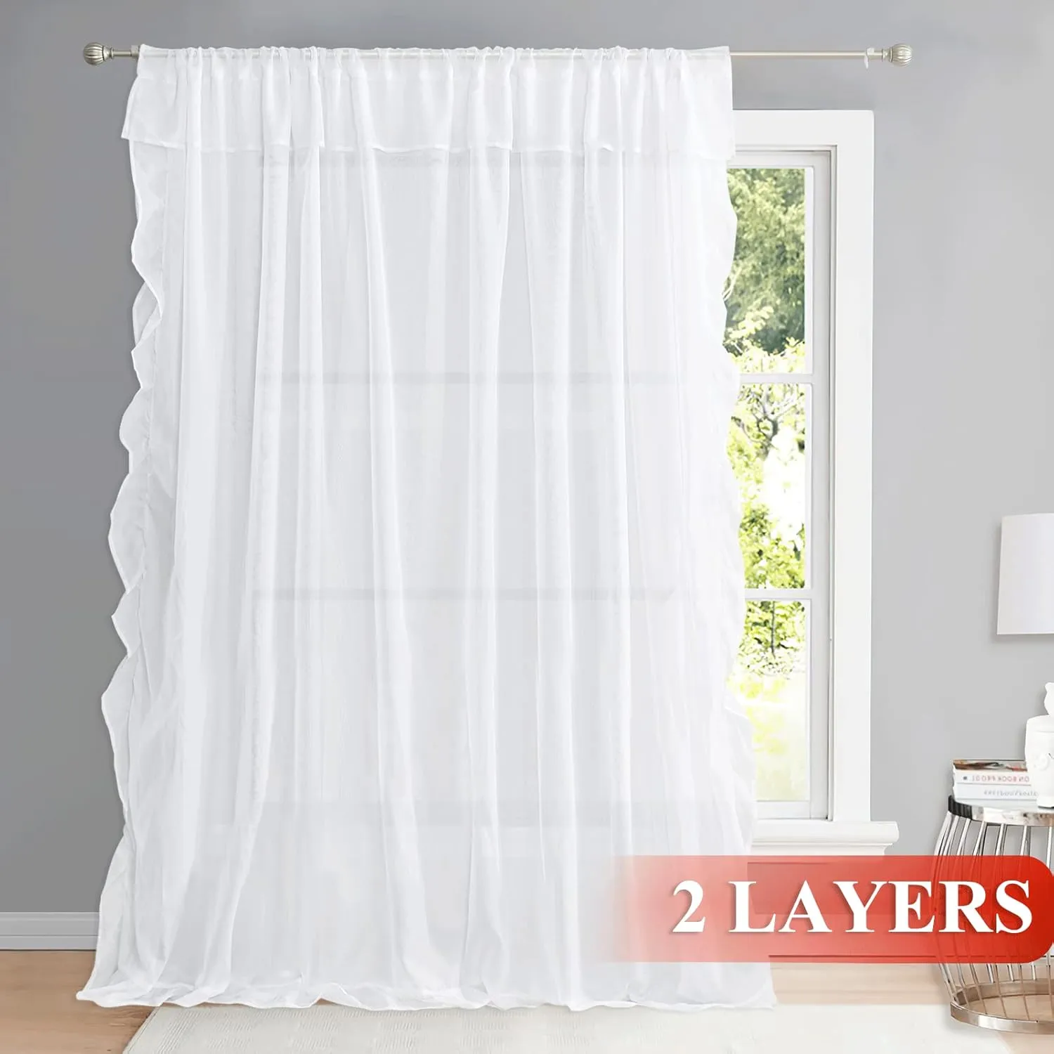 NICETOWN Voile Sheer White Ruffle Curtains, Rod Pocket 3 Layers Privacy Bedroom Shabby Chic Curtains with Valance & 2 Bouns Tie Backs for Bed Canopy/Door Way, W100 x L84, 1 Piece