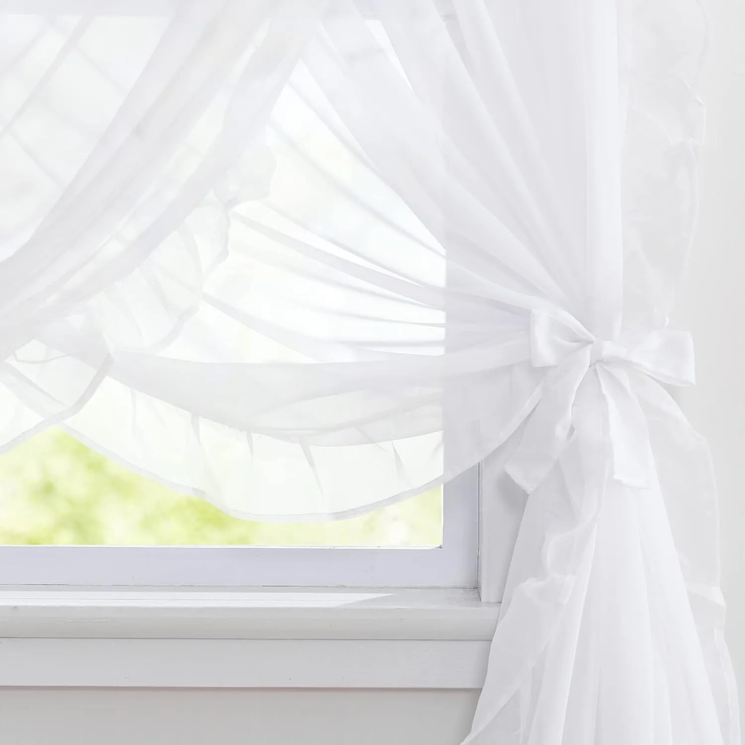NICETOWN Voile Sheer White Ruffle Curtains, Rod Pocket 3 Layers Privacy Bedroom Shabby Chic Curtains with Valance & 2 Bouns Tie Backs for Bed Canopy/Door Way, W100 x L84, 1 Piece