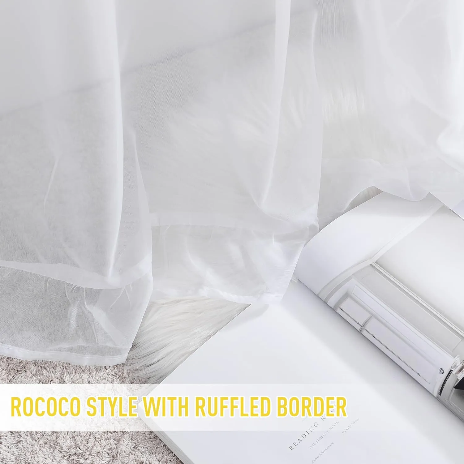 NICETOWN Voile Sheer White Ruffle Curtains, Rod Pocket 3 Layers Privacy Bedroom Shabby Chic Curtains with Valance & 2 Bouns Tie Backs for Bed Canopy/Door Way, W100 x L84, 1 Piece