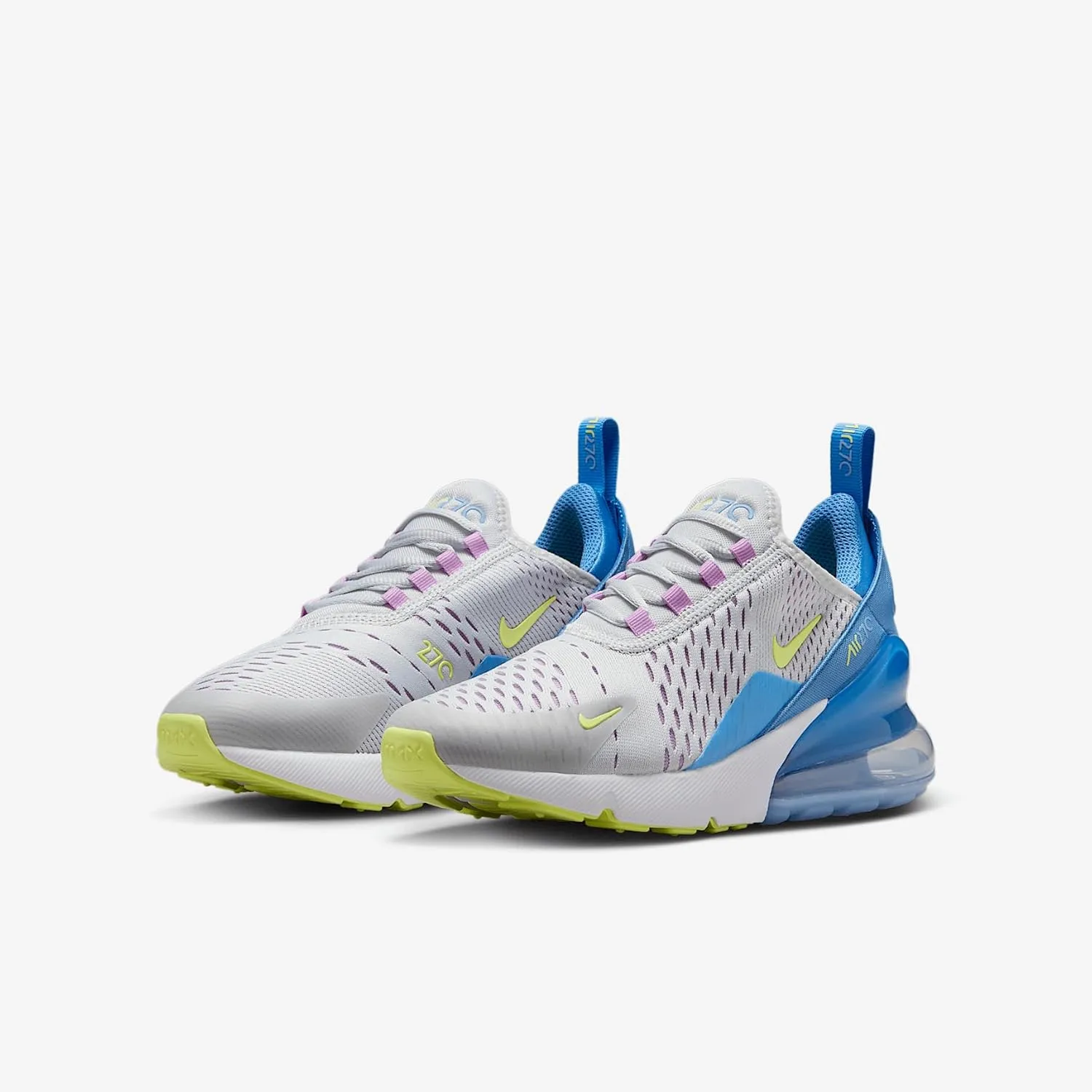 Nike Air Max 270 Big Kids' Shoes (IB4401-043, Pure Platinum/Rush Fuchsia/Blue Beyond/Light Lemon Twist)