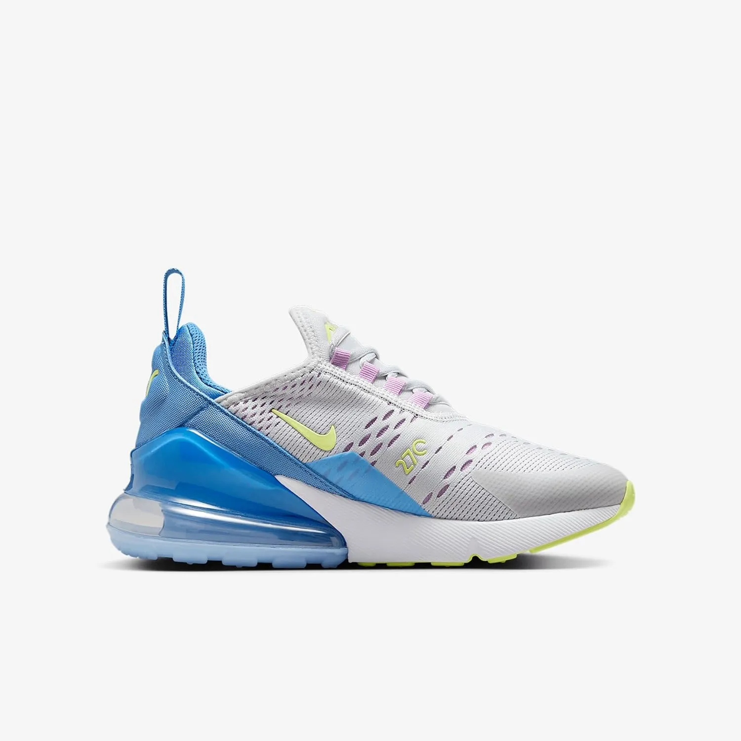 Nike Air Max 270 Big Kids' Shoes (IB4401-043, Pure Platinum/Rush Fuchsia/Blue Beyond/Light Lemon Twist)