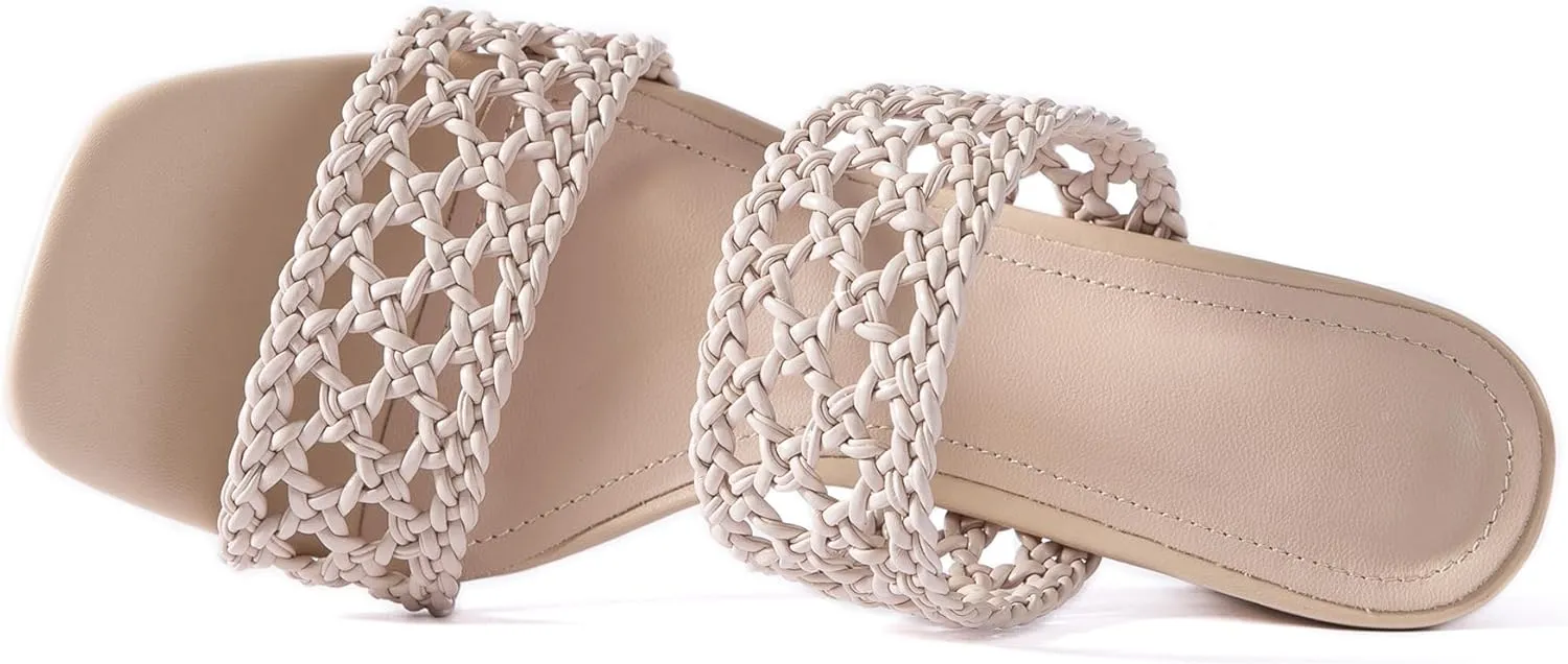 N.N.G Women Heels Sandals Braided Block Nude Summer Chunky Square Leather Woven Comfort Strappy Dress Casual Pumps Mules