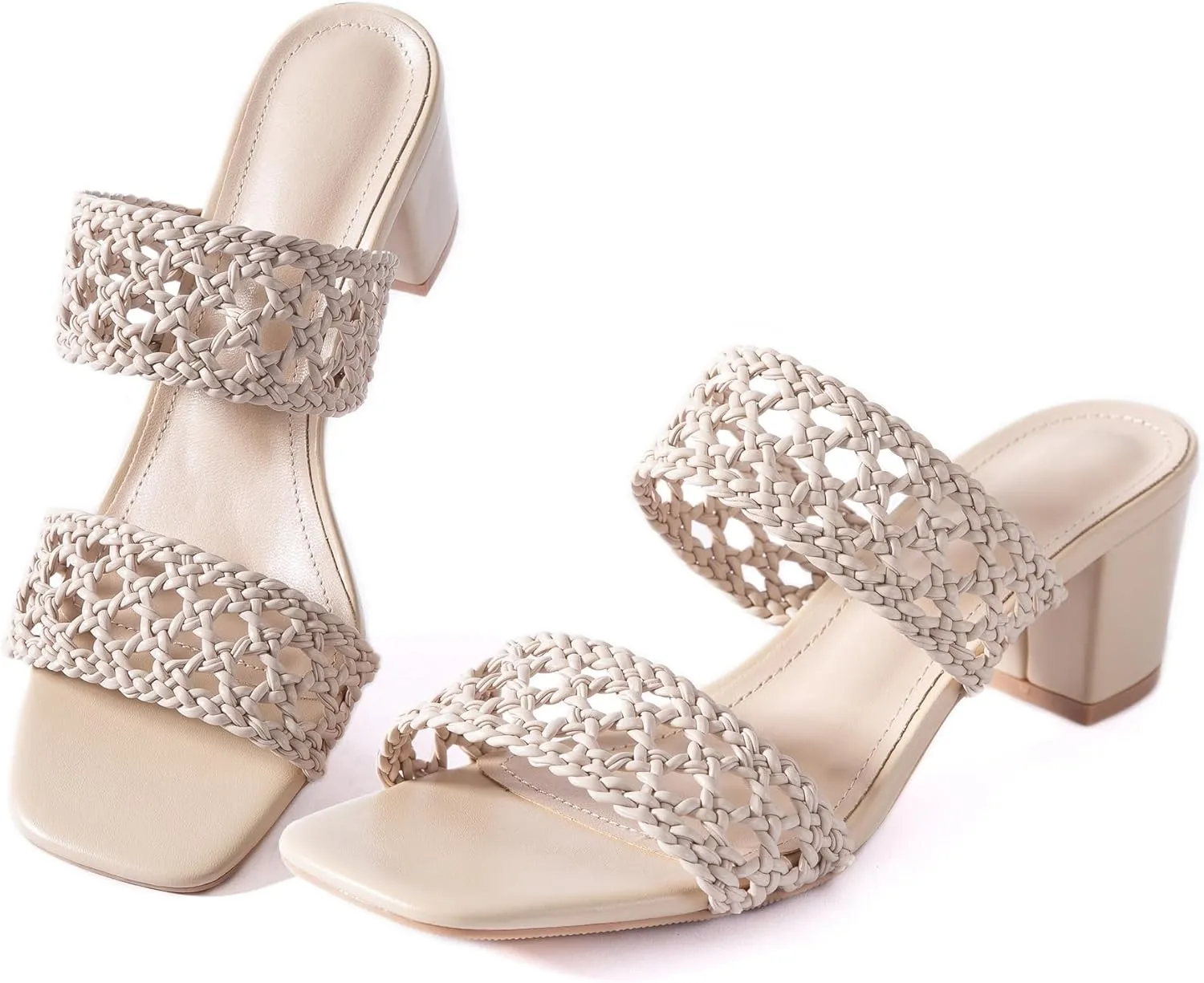 N.N.G Women Heels Sandals Braided Block Nude Summer Chunky Square Leather Woven Comfort Strappy Dress Casual Pumps Mules