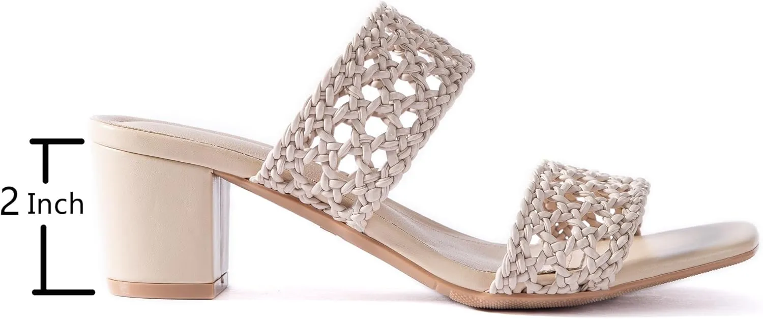 N.N.G Women Heels Sandals Braided Block Nude Summer Chunky Square Leather Woven Comfort Strappy Dress Casual Pumps Mules