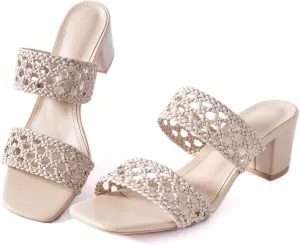 N.N.G Women Heels Sandals Braided Block Nude Summer Chunky Square Leather Woven Comfort Strappy Dress Casual Pumps Mules