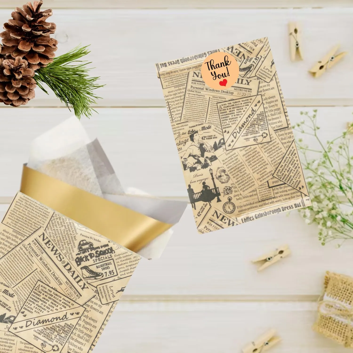 Novel Box 100 Pack Newsprint Kraft Print Flat Merchandise Bags 6x9 Inches - Stylish Bag for Birthday Gifts - Bulk Paper Storage Bags for Goody, Shopping, Wedding Anniversary & Special Occasions
