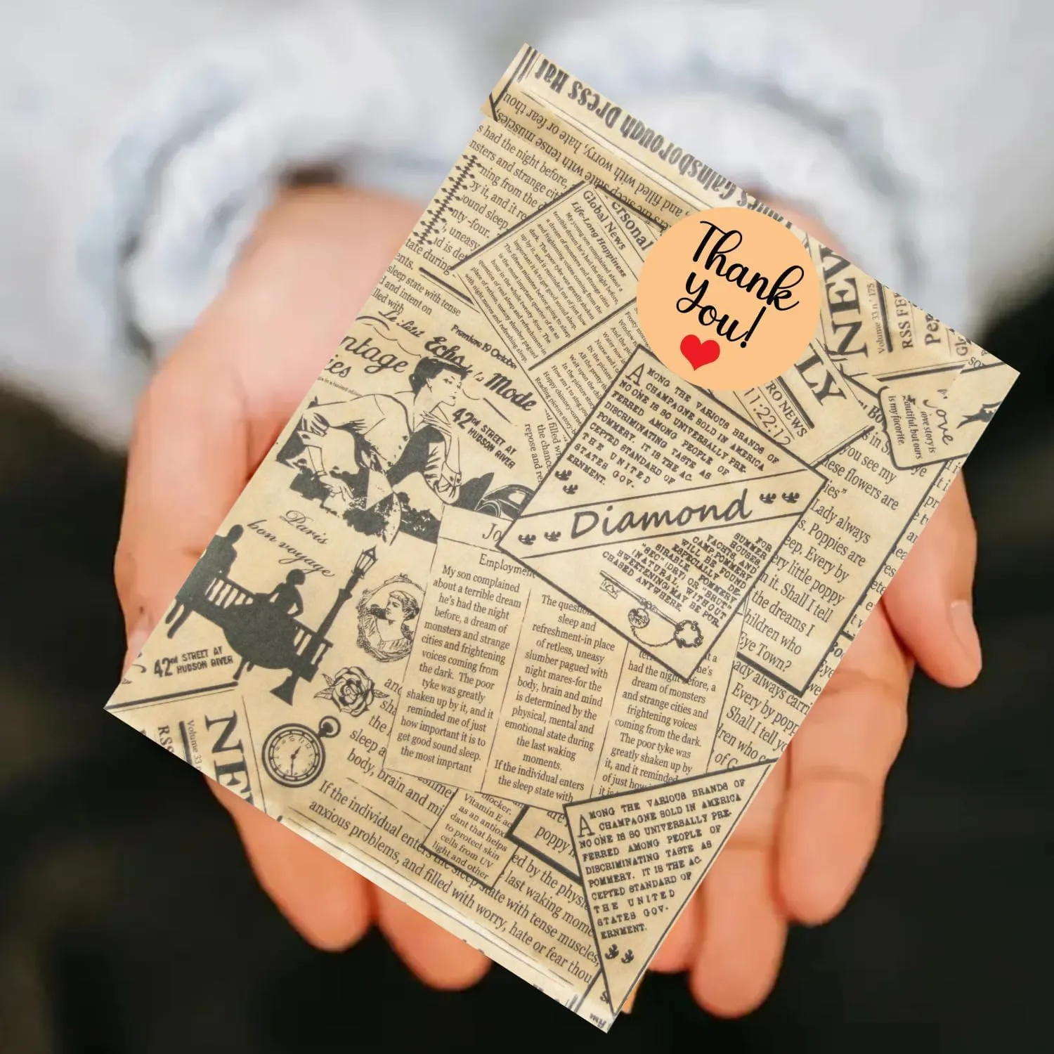 Novel Box 100 Pack Newsprint Kraft Print Flat Merchandise Bags 6x9 Inches - Stylish Bag for Birthday Gifts - Bulk Paper Storage Bags for Goody, Shopping, Wedding Anniversary & Special Occasions