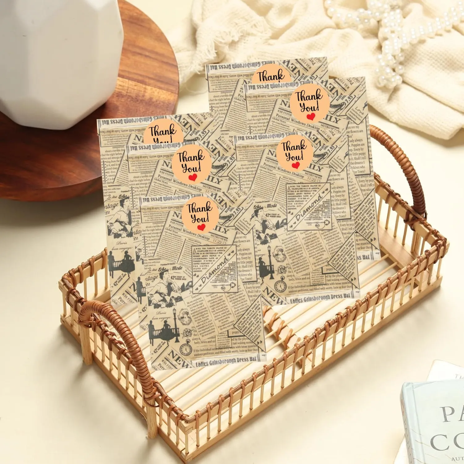 Novel Box 100 Pack Newsprint Kraft Print Flat Merchandise Bags 6x9 Inches - Stylish Bag for Birthday Gifts - Bulk Paper Storage Bags for Goody, Shopping, Wedding Anniversary & Special Occasions