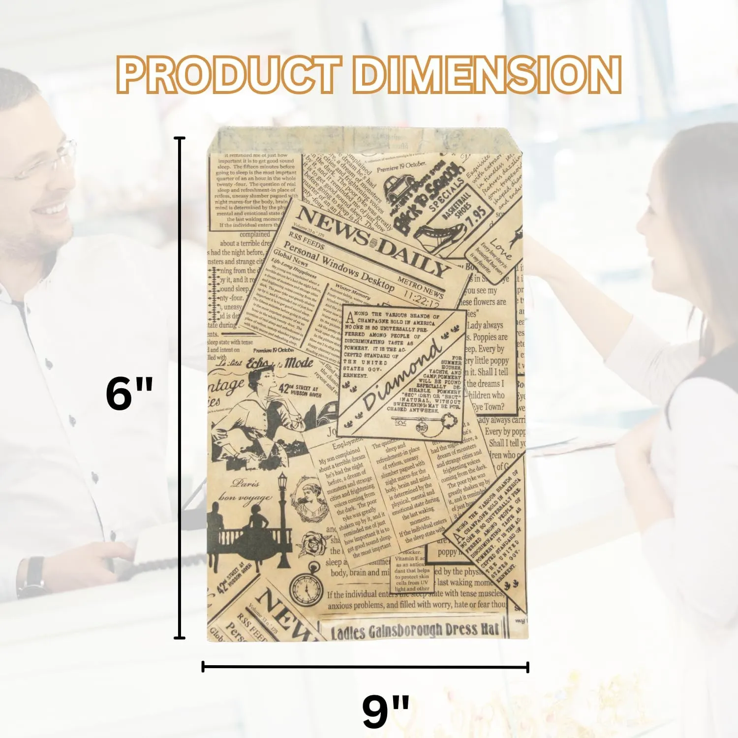 Novel Box 100 Pack Newsprint Kraft Print Flat Merchandise Bags 6x9 Inches - Stylish Bag for Birthday Gifts - Bulk Paper Storage Bags for Goody, Shopping, Wedding Anniversary & Special Occasions