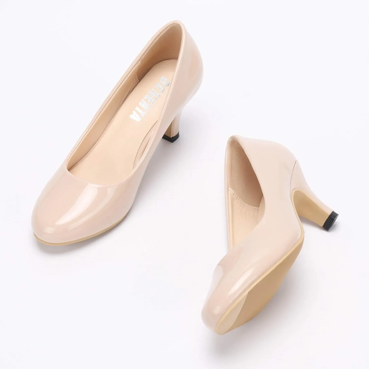 OCHENTA Women's Comfortable Low Kitten Heel Dress Shoes Round Toe Slip On Work Pumps