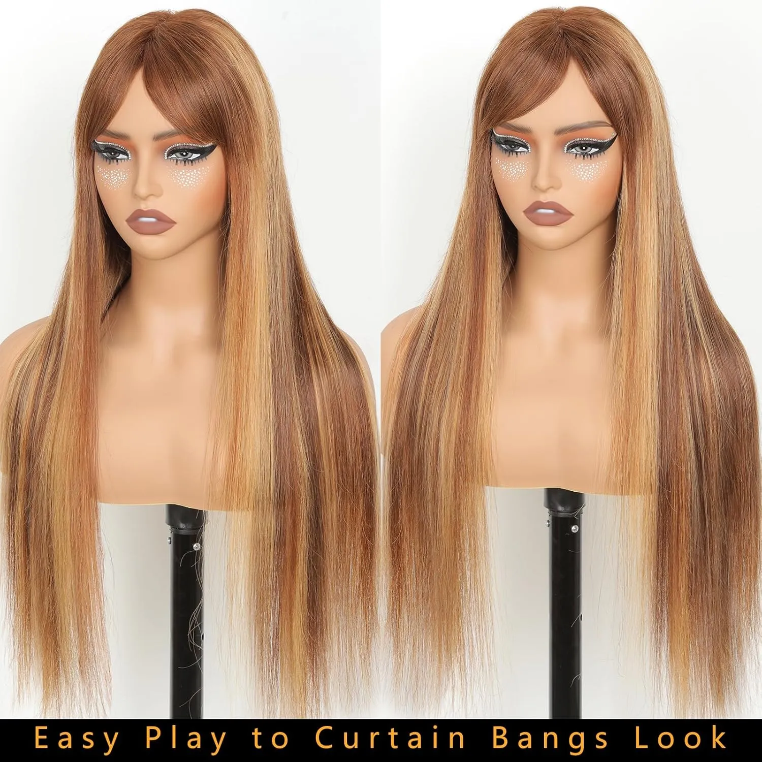 Ombre Highlight Human Hair Wigs with Bangs 2x4 HD Lace Front Brown Wig with Highlights Honey Blonde 4/27 Colored Straight Closure Glueless Wear and Go Brazilian Human Hair for Women 24 Inch