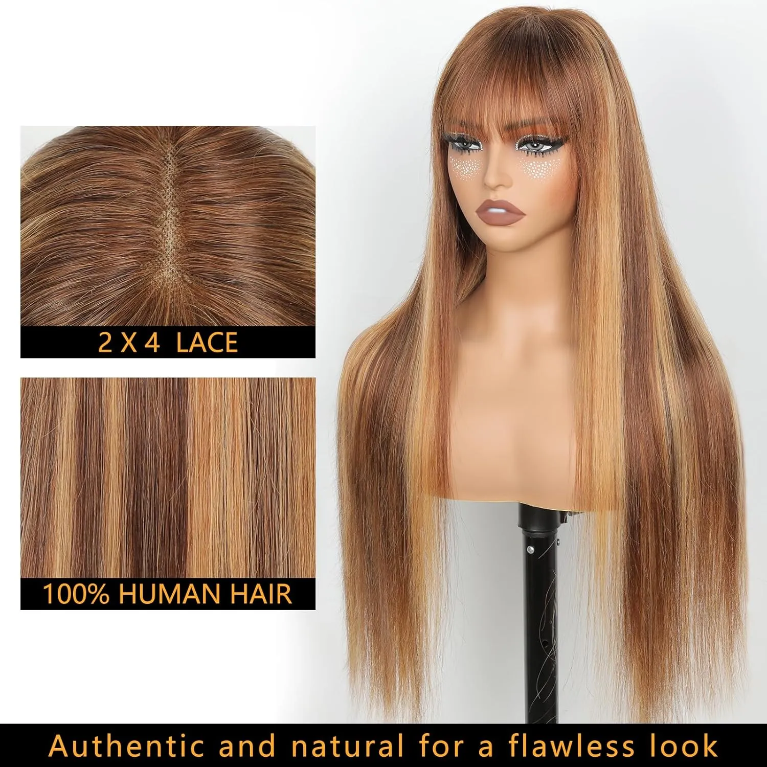 Ombre Highlight Human Hair Wigs with Bangs 2x4 HD Lace Front Brown Wig with Highlights Honey Blonde 4/27 Colored Straight Closure Glueless Wear and Go Brazilian Human Hair for Women 24 Inch