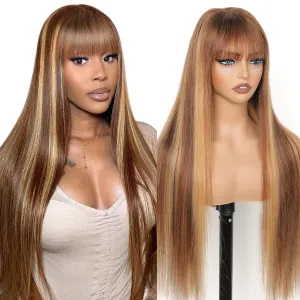 Ombre Highlight Human Hair Wigs with Bangs 2x4 HD Lace Front Brown Wig with Highlights Honey Blonde 4/27 Colored Straight Closure Glueless Wear and Go Brazilian Human Hair for Women 24 Inch