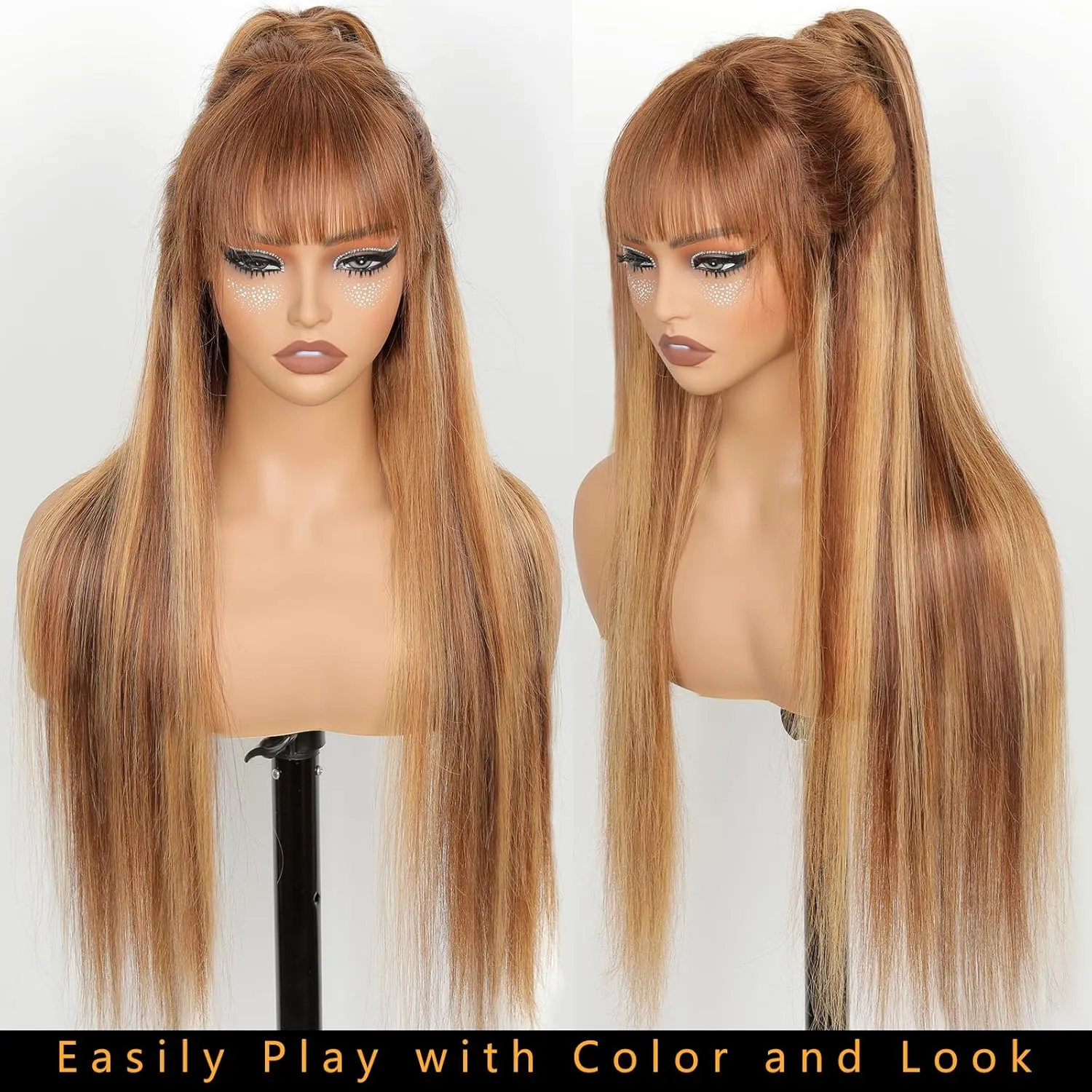 Ombre Highlight Human Hair Wigs with Bangs 2x4 HD Lace Front Brown Wig with Highlights Honey Blonde 4/27 Colored Straight Closure Glueless Wear and Go Brazilian Human Hair for Women 24 Inch