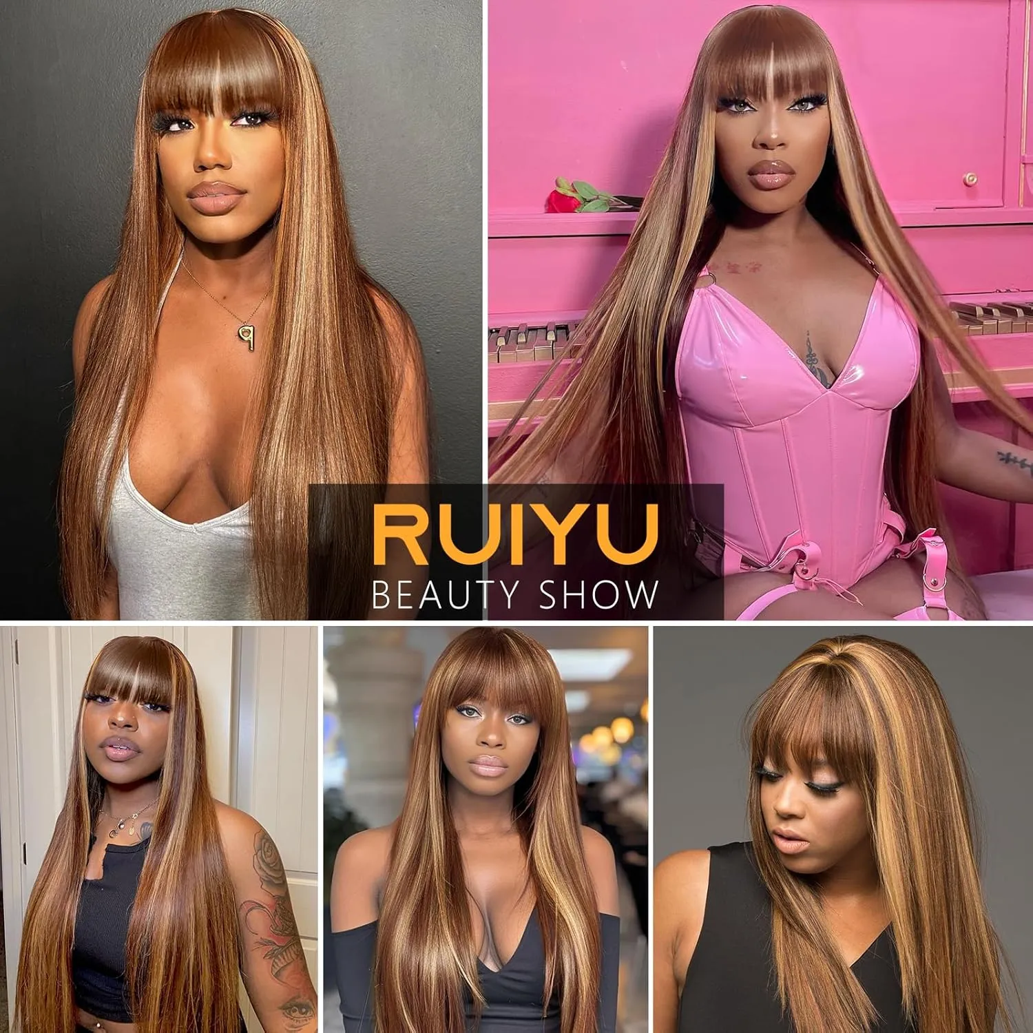 Ombre Highlight Human Hair Wigs with Bangs 2x4 HD Lace Front Brown Wig with Highlights Honey Blonde 4/27 Colored Straight Closure Glueless Wear and Go Brazilian Human Hair for Women 24 Inch