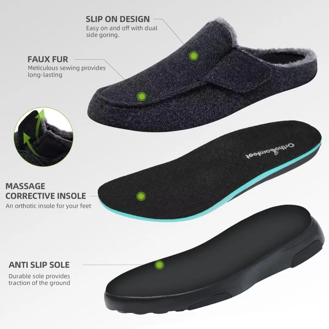 OrthoComfoot Mens Orthopedic Slippers Shoes with Arch Support: Plantar Fasciitis House Slip On Loafers, Comfortable Moccasin Mule Clogs for Indoor Outdoor