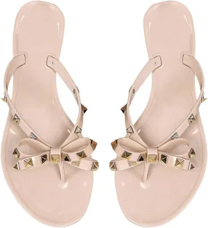 OYOANGLE Women's Bow Knot Studded Thong Sandals Open Toe Dressy Flat Sandals