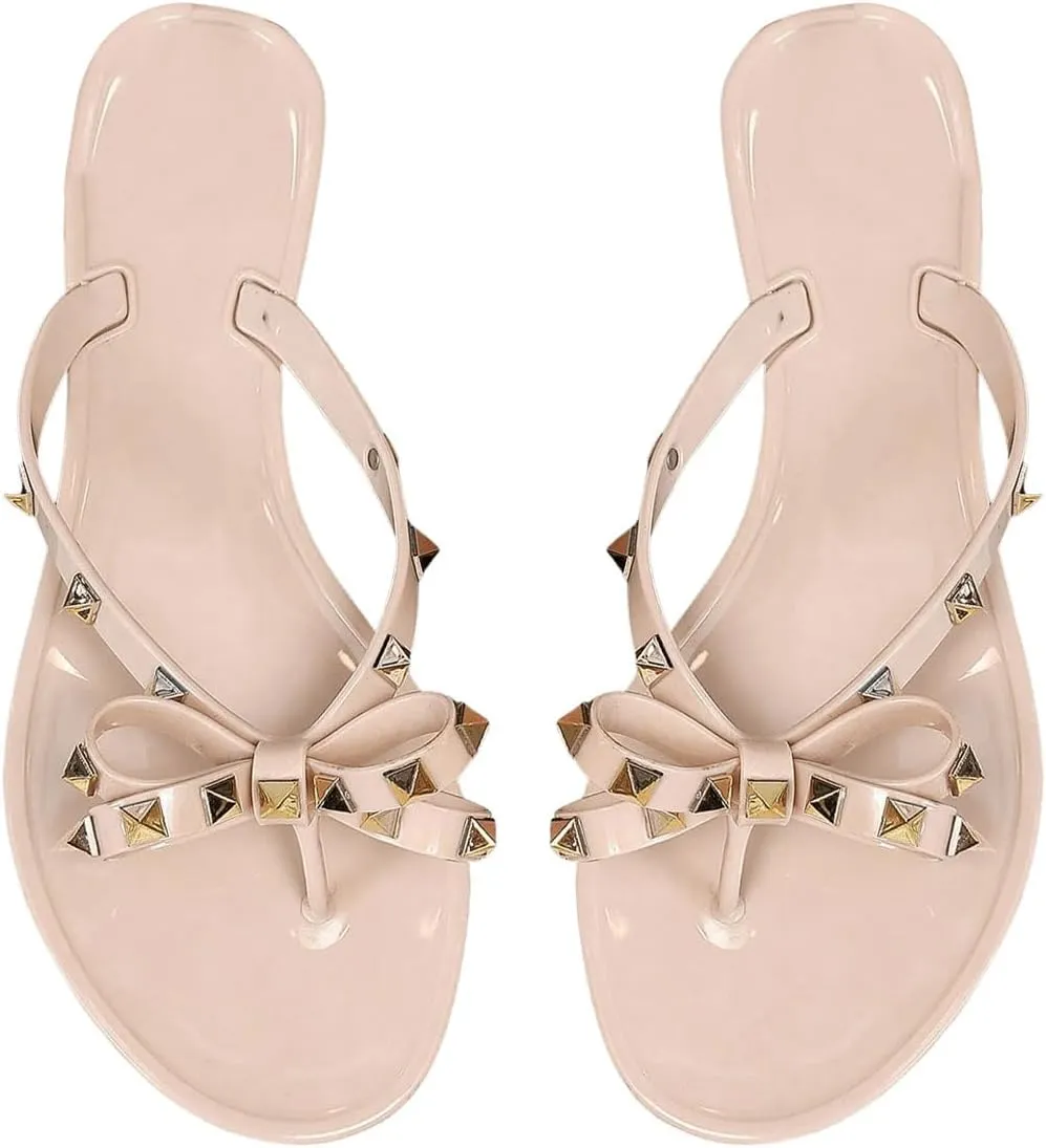 OYOANGLE Women's Bow Knot Studded Thong Sandals Open Toe Dressy Flat Sandals