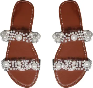 OYOANGLE Women's Pearl Decor Clear Double Strap Open Toe Slide Sandals Dressy Summer Slip on Flat Sandals