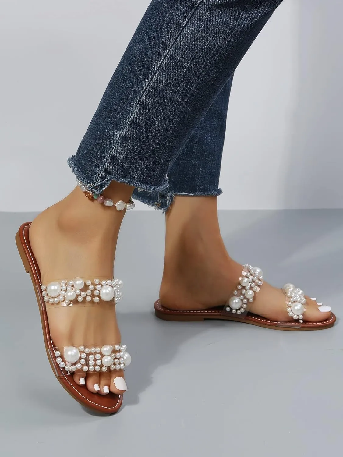 OYOANGLE Women's Pearl Decor Clear Double Strap Open Toe Slide Sandals Dressy Summer Slip on Flat Sandals