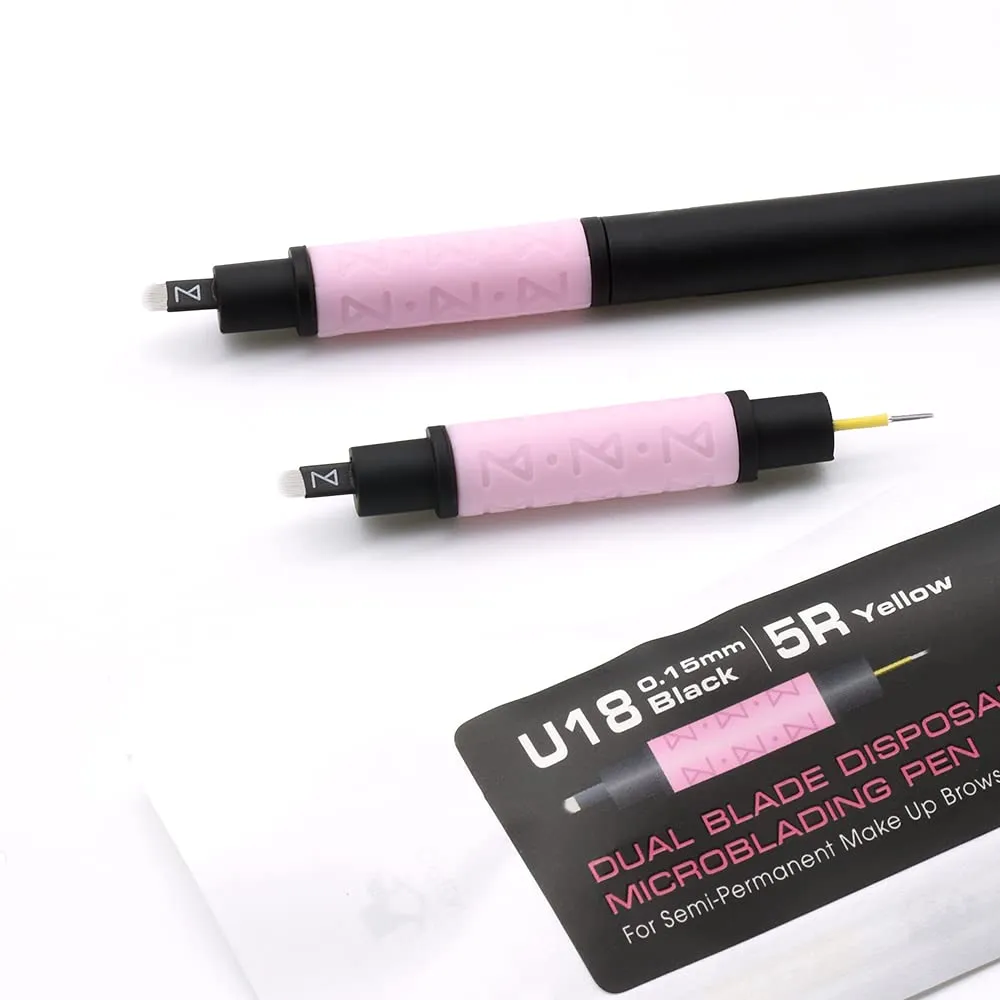 PACK OF 10 Mellie Microblading Disposable Pen 2 IN 1 - Sterilized Blade & Shade - Comfortable Silicone Grip With Pigment Sponge Microblade Best Eyebrow Supplies Kit (U18 NANO/5R) .15mm
