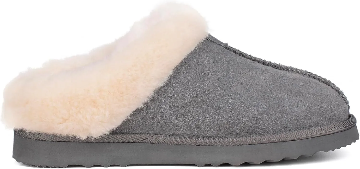 Parfeying Women's Slip on House Slippers, Real Wool from Sheep, Anti-slip Rubber Sole Warm Indoor Outdoor Slippers for Women