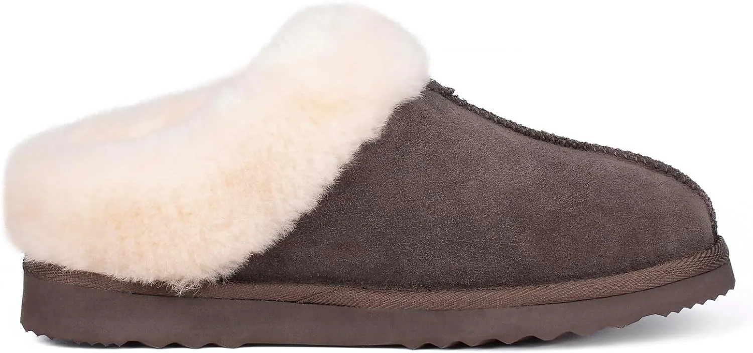 Parfeying Women's Slip on House Slippers, Real Wool from Sheep, Anti-slip Rubber Sole Warm Indoor Outdoor Slippers for Women