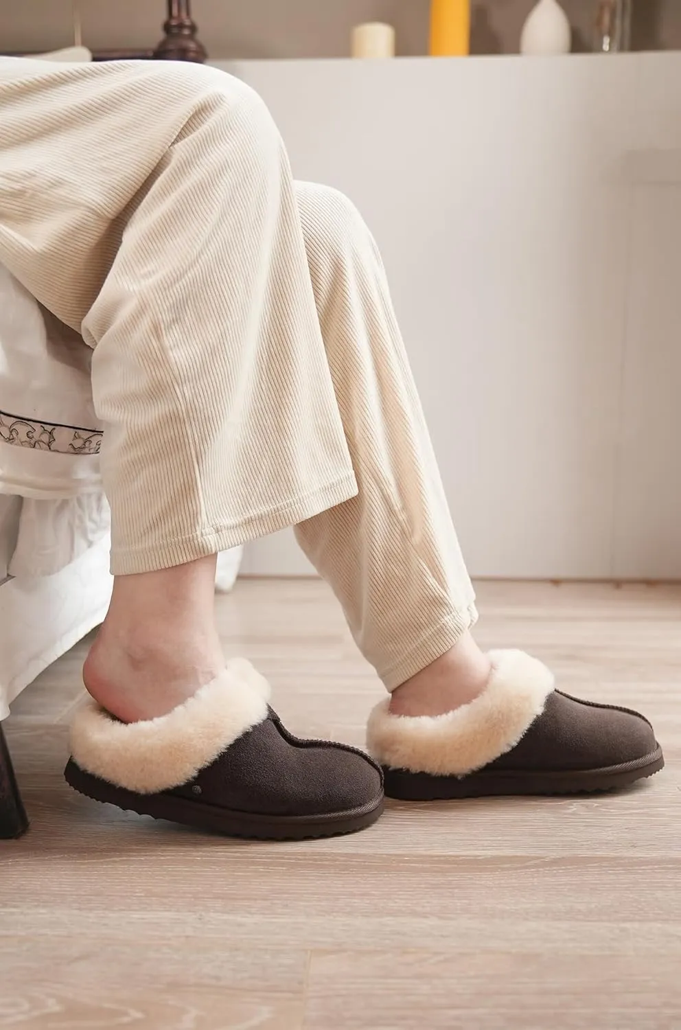 Parfeying Women's Slip on House Slippers, Real Wool from Sheep, Anti-slip Rubber Sole Warm Indoor Outdoor Slippers for Women