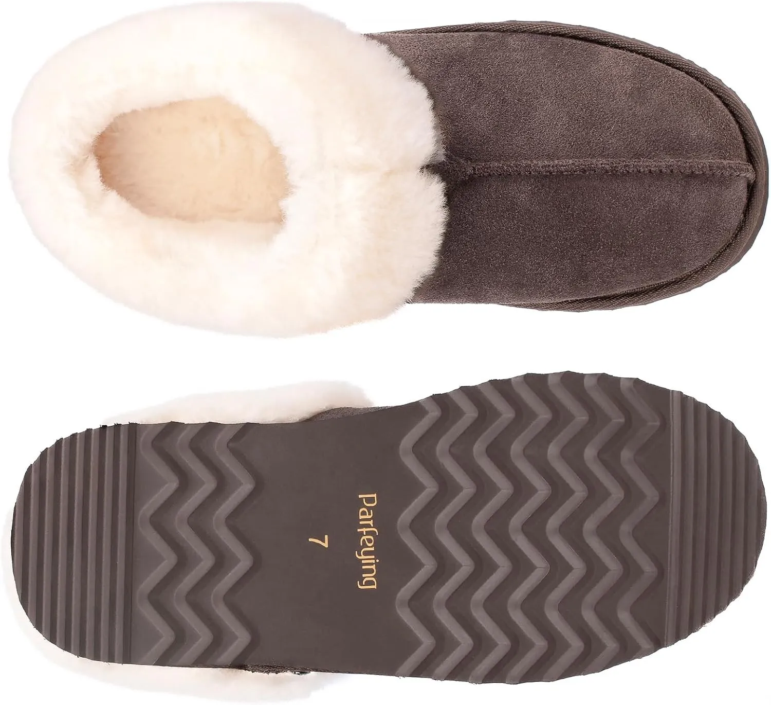 Parfeying Women's Slip on House Slippers, Real Wool from Sheep, Anti-slip Rubber Sole Warm Indoor Outdoor Slippers for Women