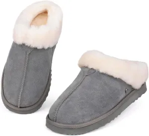 Parfeying Women's Slip on House Slippers, Real Wool from Sheep, Anti-slip Rubber Sole Warm Indoor Outdoor Slippers for Women