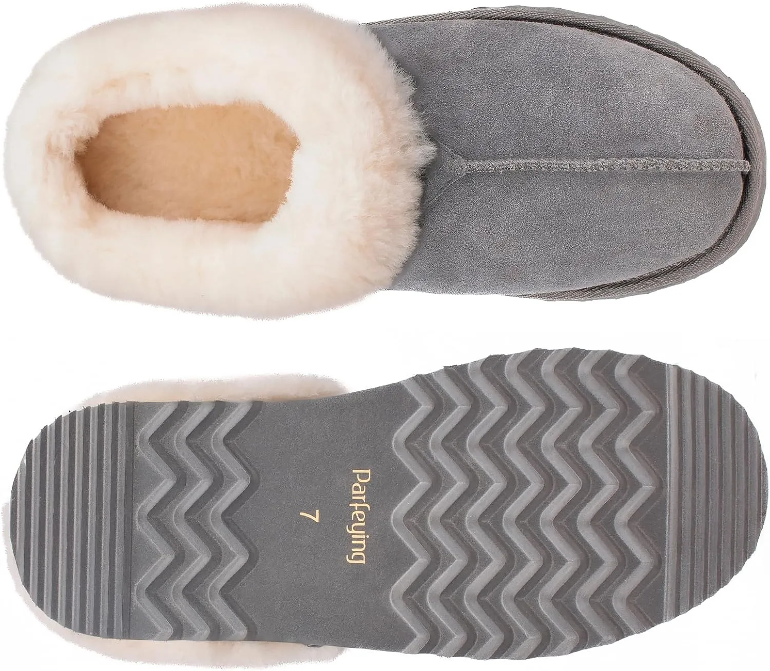 Parfeying Women's Slip on House Slippers, Real Wool from Sheep, Anti-slip Rubber Sole Warm Indoor Outdoor Slippers for Women