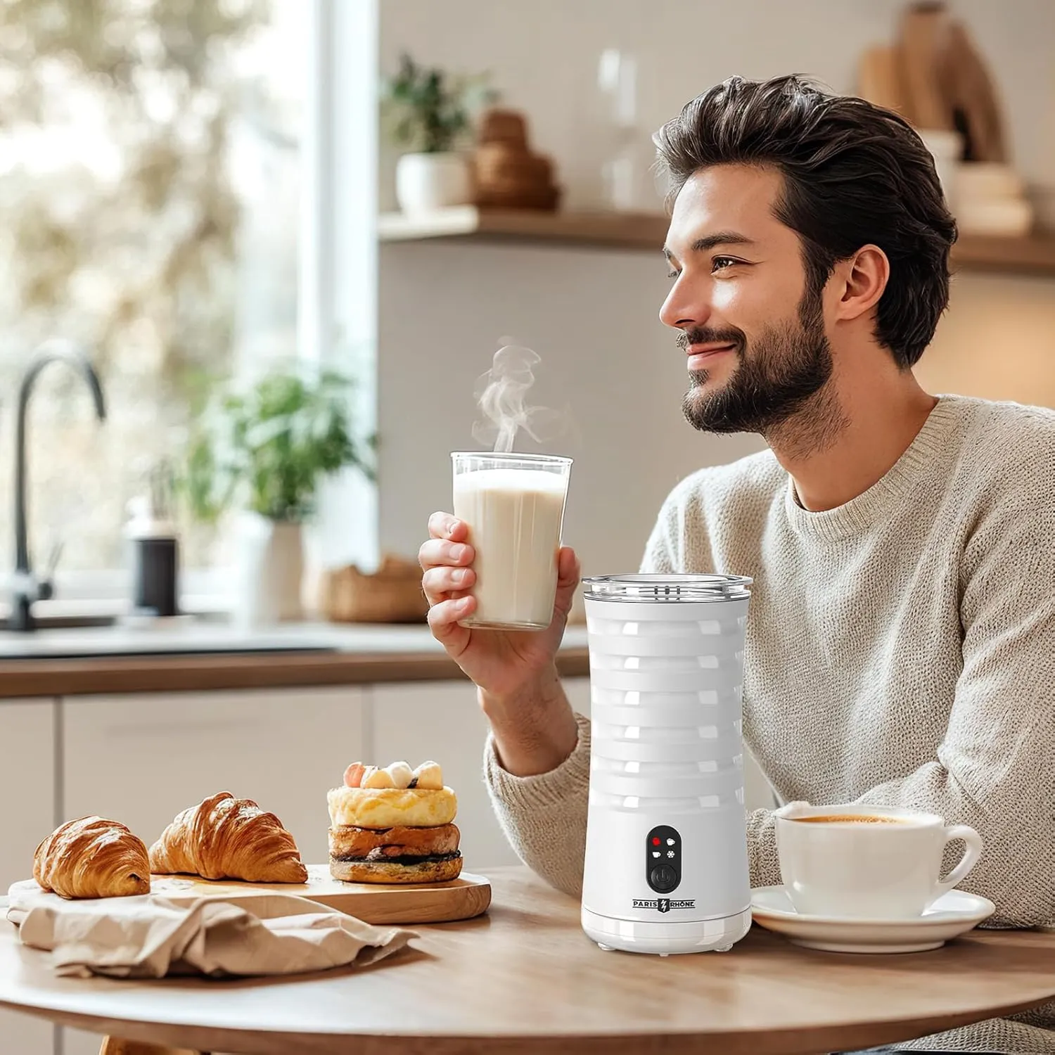 Paris Rhône Milk Frother, 4-in-1 Milk Steamer and Frother, Hot & Cold Foam Milk Warmer with Temperature Control, Auto Shut-Off Frothers for Coffee, Latte, Cappuccino, Macchiato