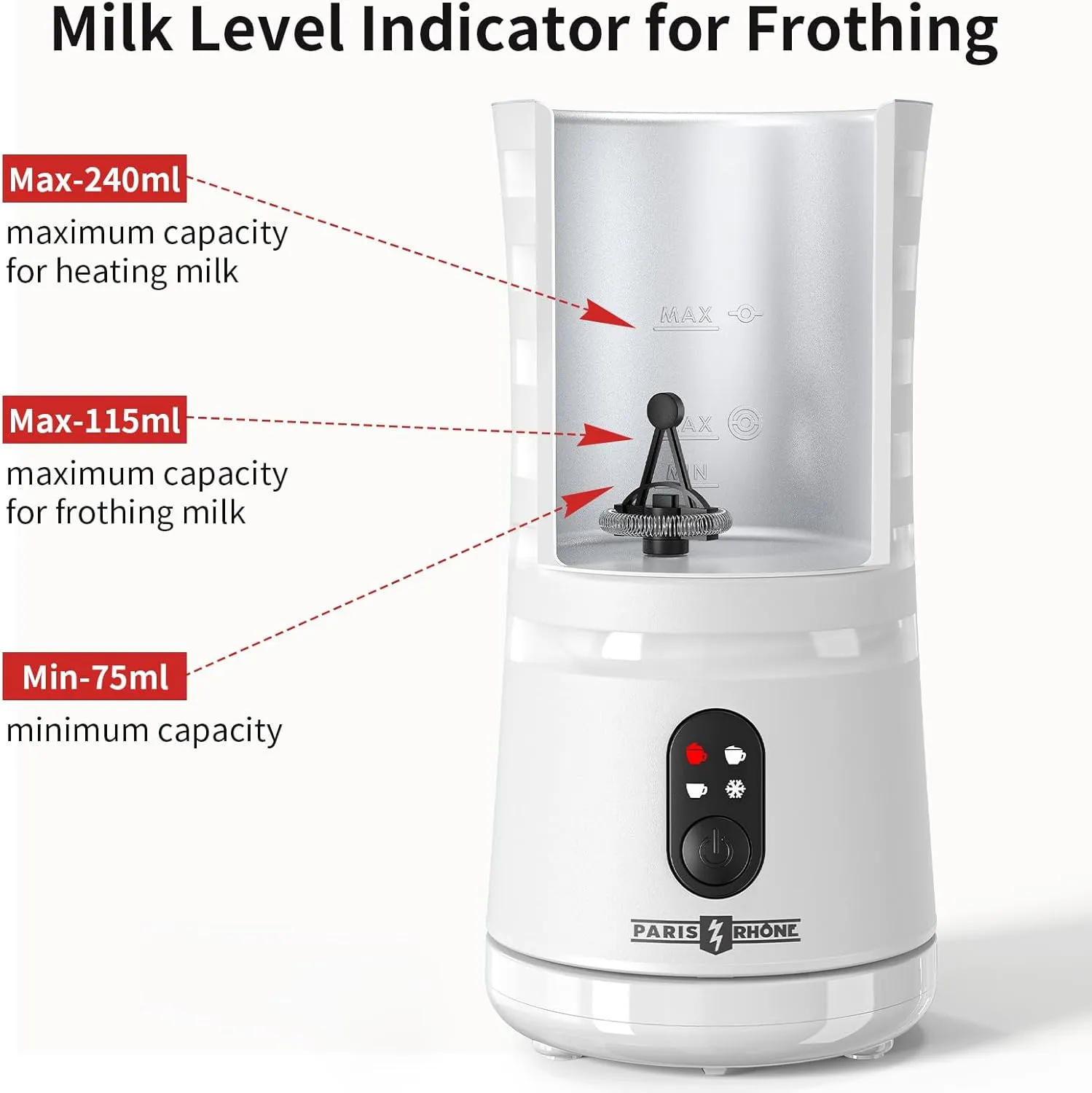 Paris Rhône Milk Frother, 4-in-1 Milk Steamer and Frother, Hot & Cold Foam Milk Warmer with Temperature Control, Auto Shut-Off Frothers for Coffee, Latte, Cappuccino, Macchiato