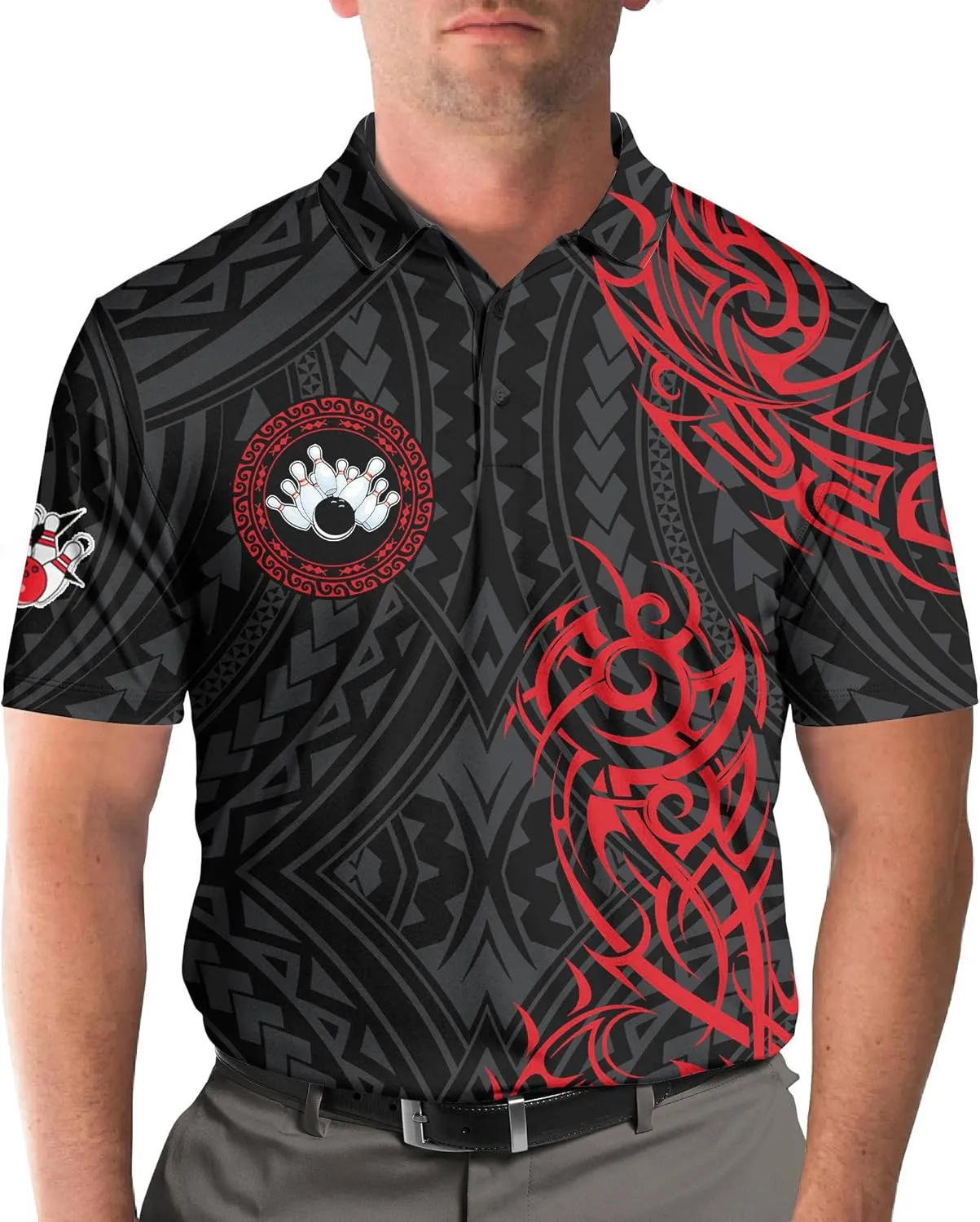 PIGO Tribal Bowling Polo Shirt for Men, Short Sleeve Bowling Jerseys for Team, Bowling Men's Polo Shirt Men Women