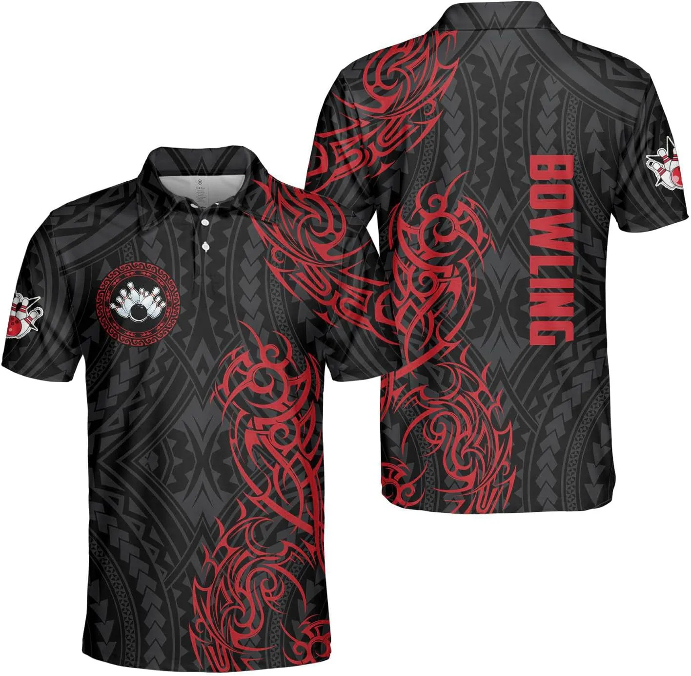 PIGO Tribal Bowling Polo Shirt for Men, Short Sleeve Bowling Jerseys for Team, Bowling Men's Polo Shirt Men Women