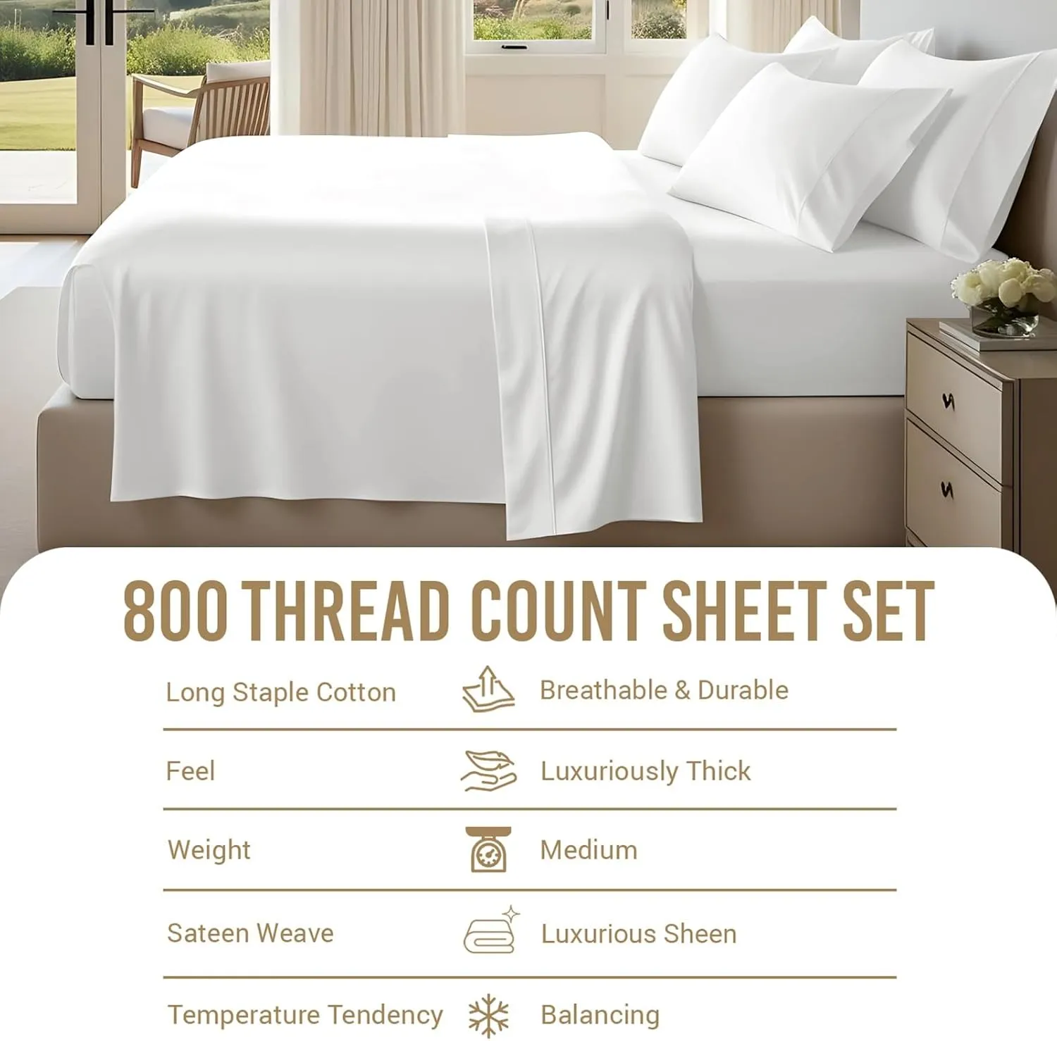 Pizuna Pure 100% Cotton Sheets California King Size, 800 Thread Count Long Staple Cotton Crisp Sateen Sheets California King with 15inch Deep Pocket (Combed White Cotton Sheets California King)