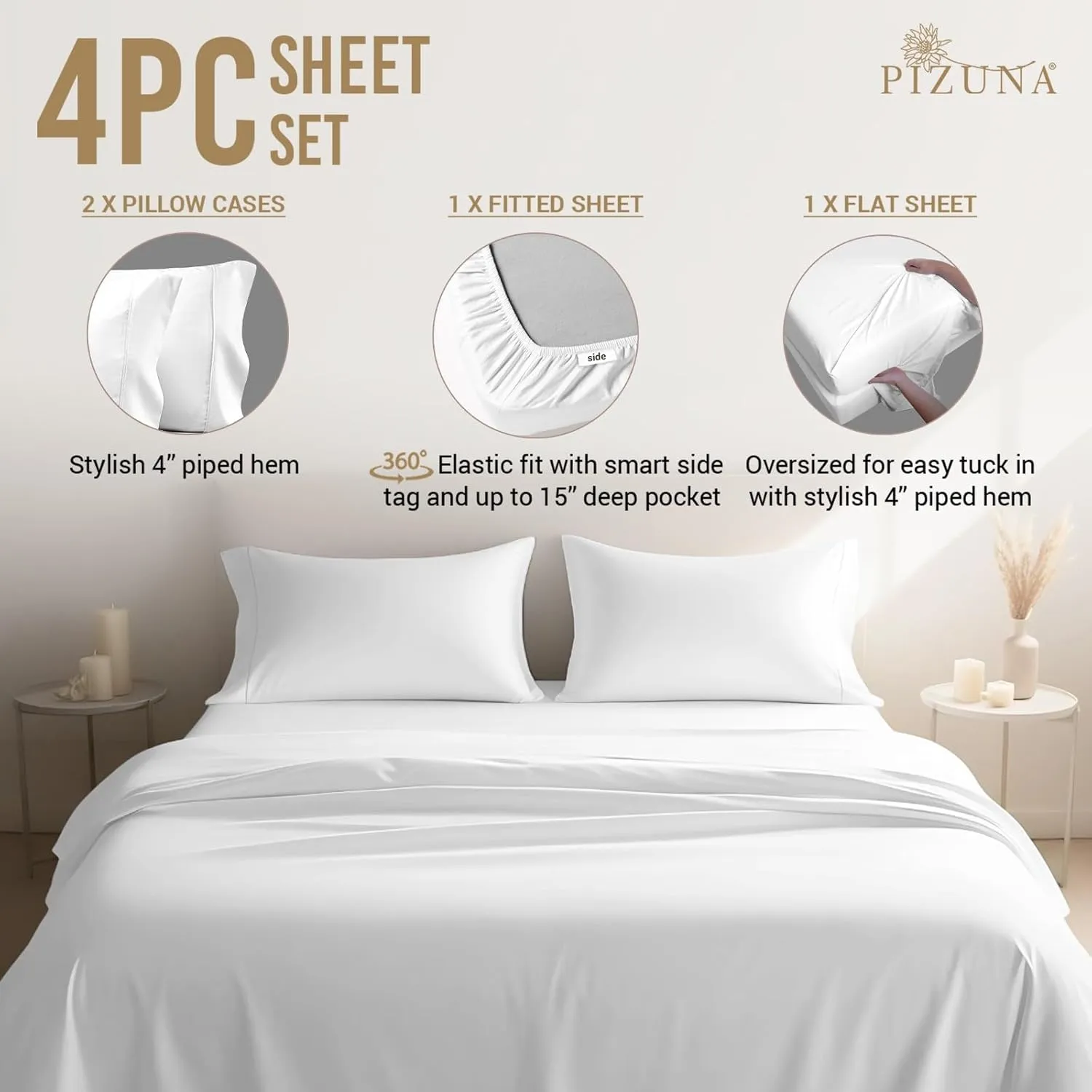 Pizuna Pure 100% Cotton Sheets California King Size, 800 Thread Count Long Staple Cotton Crisp Sateen Sheets California King with 15inch Deep Pocket (Combed White Cotton Sheets California King)