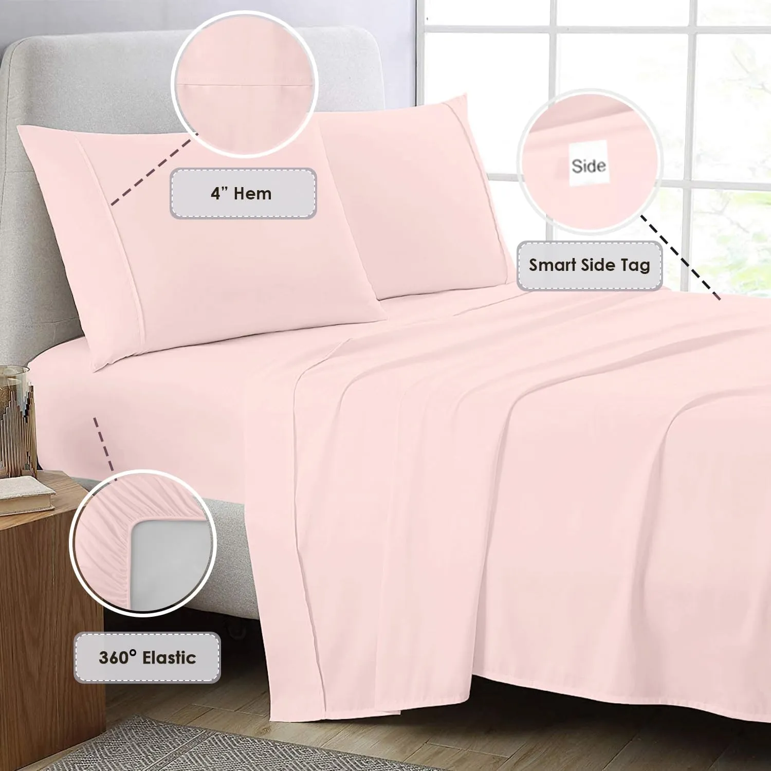 Pizuna Pure 100% Cotton Split King Sheet Set Light Pink, 800 Thread Count 100% Long Staple Cotton Split King Sheets for Adjustable Bed, 15" Deep Pocket Sheets (Combed Cotton Bed Sheets)