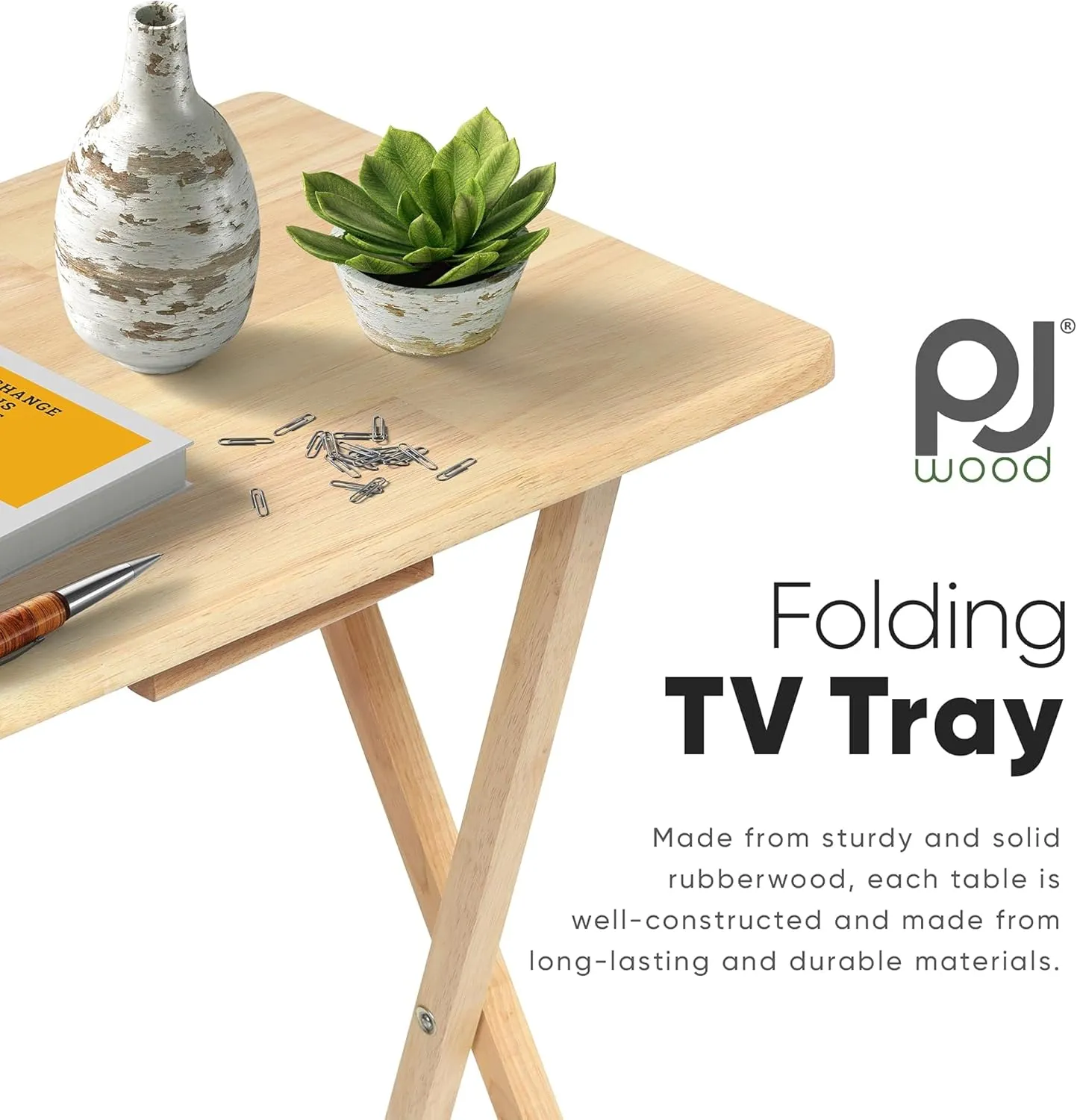 PJ Wood Rectangle Folding Portable TV Snack Serving Tray Table, Solid Wood Construction with Natural Finish, Natural, 2 Piece Set