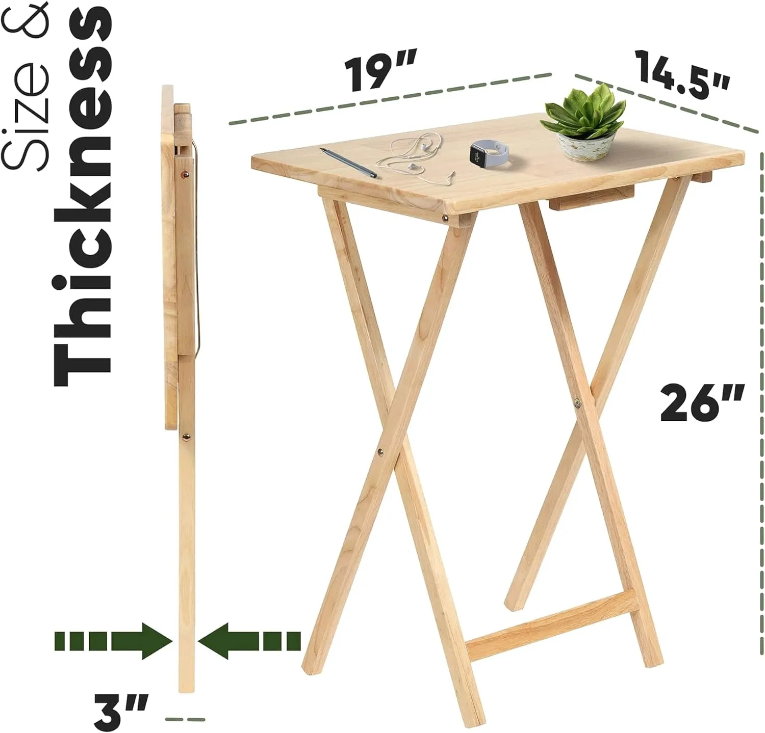 PJ Wood Rectangle Folding Portable TV Snack Serving Tray Table, Solid Wood Construction with Natural Finish, Natural, 2 Piece Set