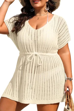 Plus Size Swimsuit Cover Up Women - Crochet Beach Romper Knit Bathing Suit Short Sleeve V Neck Swimwear Coverup Dress
